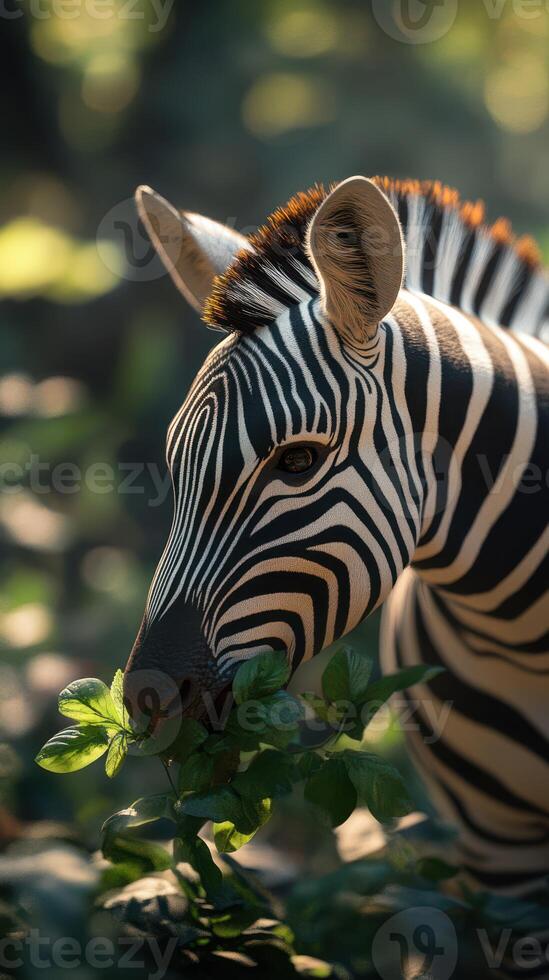 Zebra grazing on green foliage in a blurred natural habitat during golden hour sunlight photo