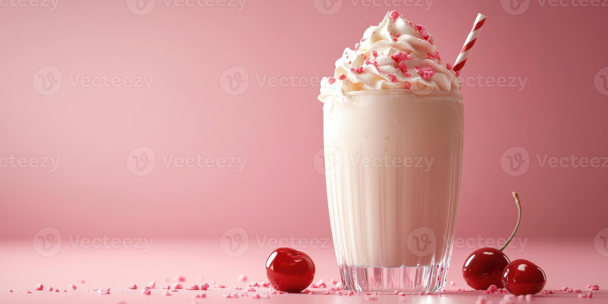 Delightful milkshake topped with whipped cream and cherries against a soft pink backdrop in a cozy setting photo