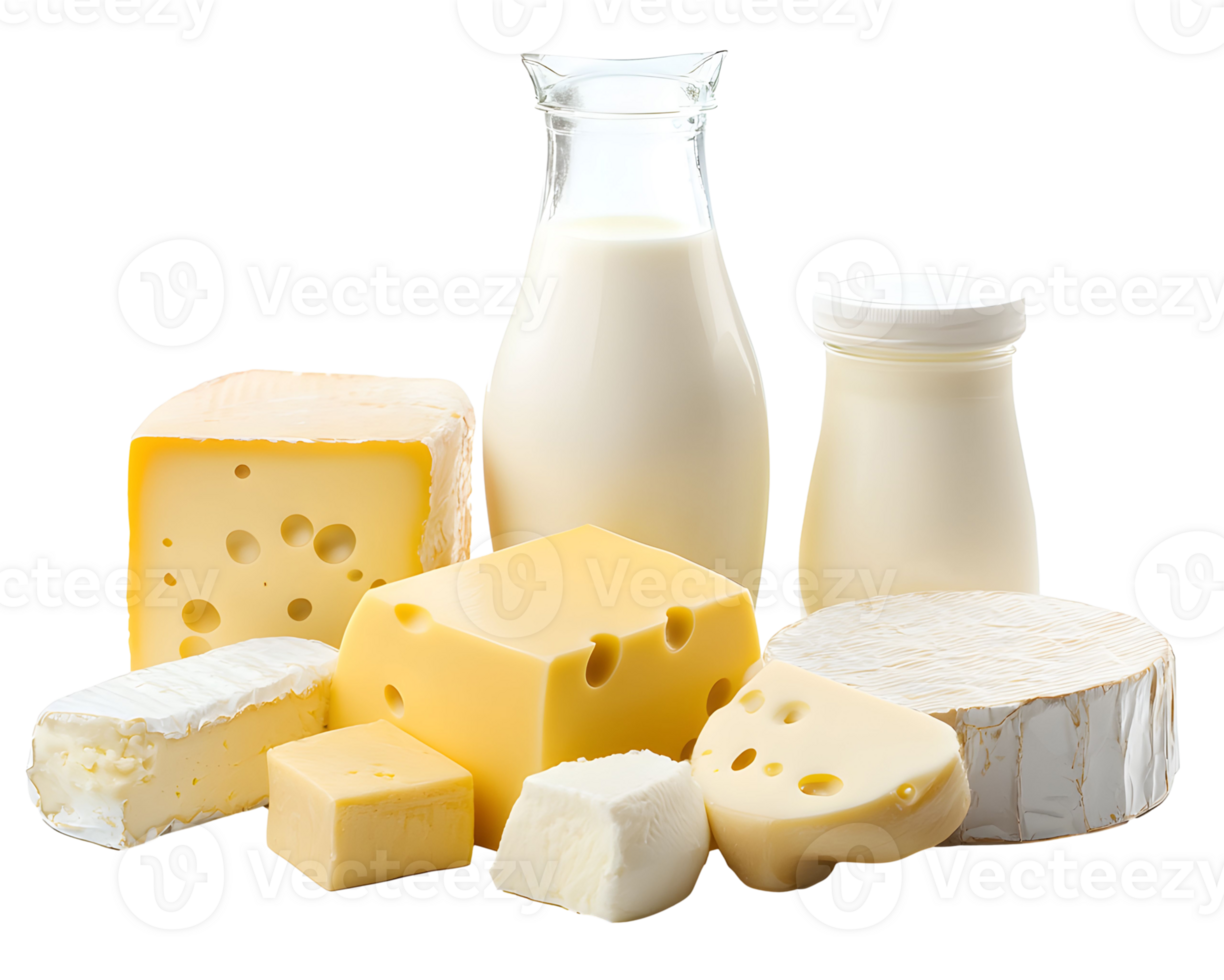 Assorted dairy products displayed with fresh milk showcasing a variety of textures and flavors in a vibrant arrangement png