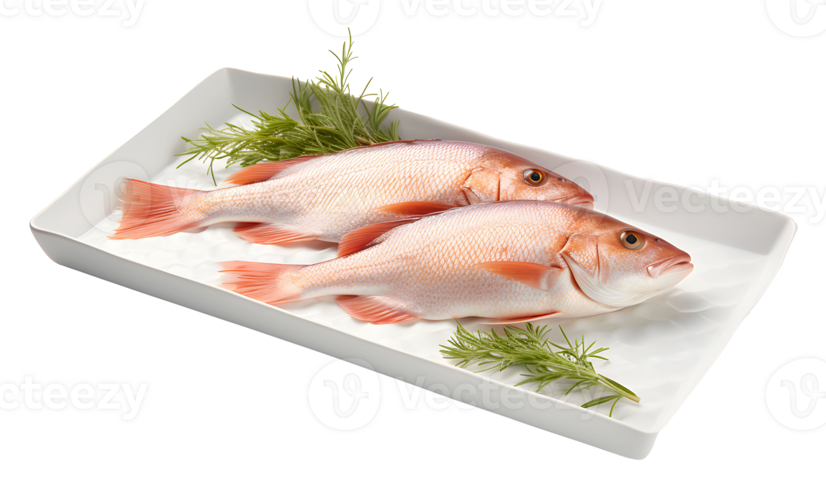 Fresh whole fish presented on a white platter with sprigs of green herbs for a vibrant culinary display png