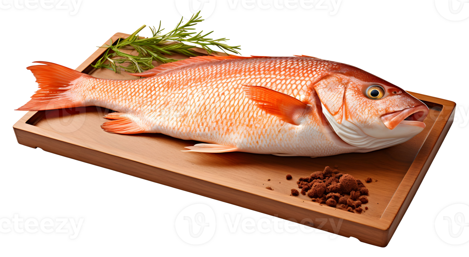 Freshly caught red snapper on a wooden board with herbs and seasoning png