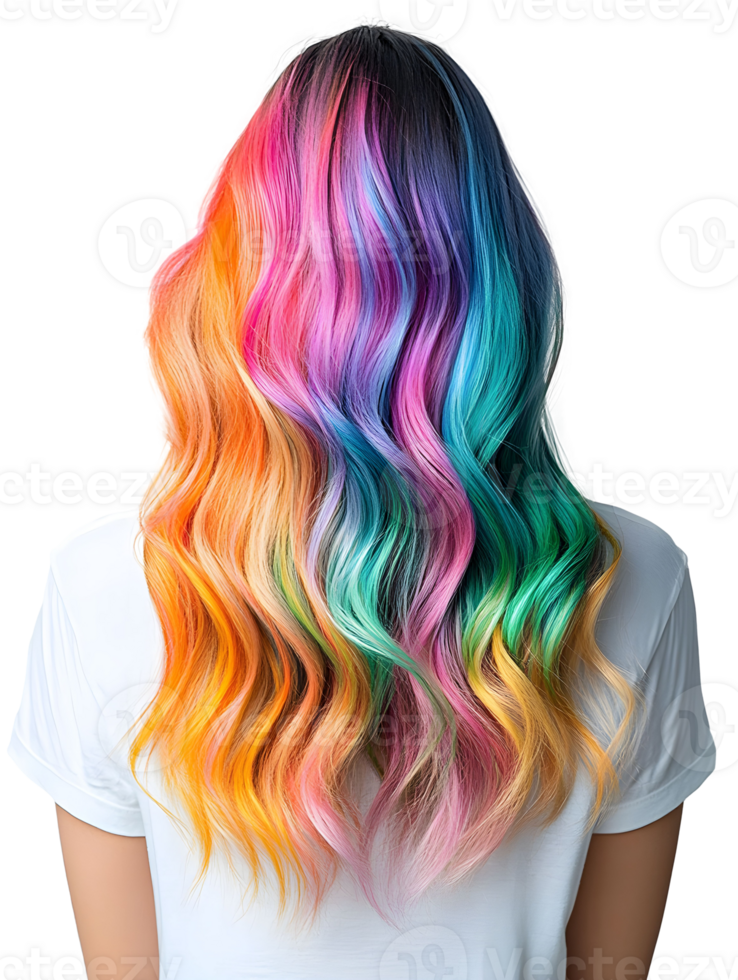 A striking hairstyle features an array of bright colors transitioning seamlessly from pink to orange to blue and green, styled in loose waves. png