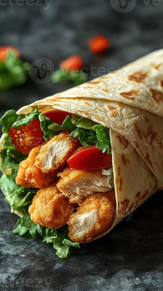 Crispy chicken wrap filled with fresh lettuce and tomatoes on a dark background photo