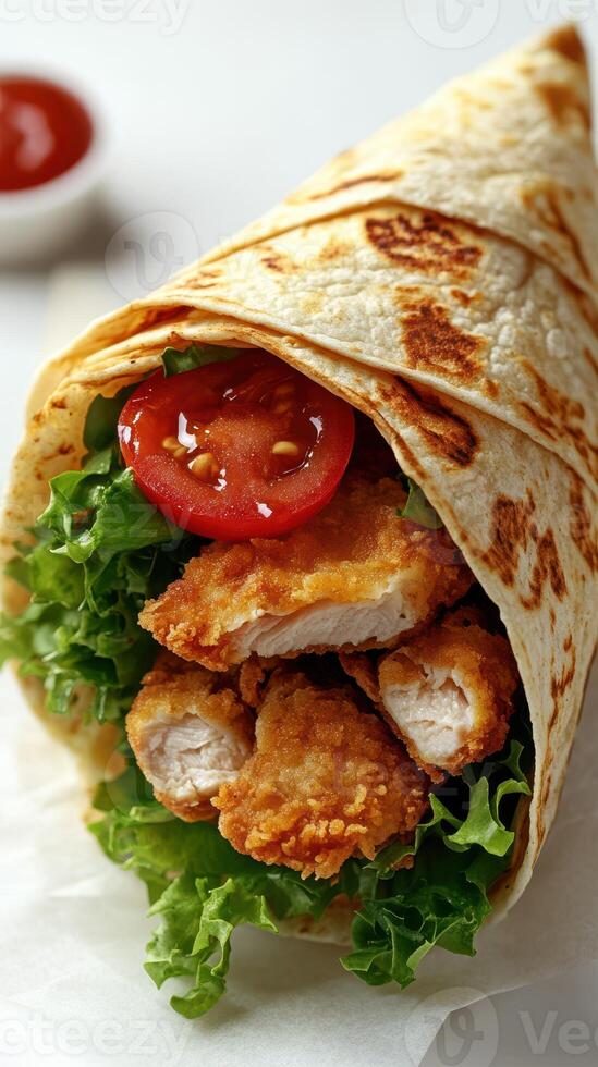 Delicious chicken wrap filled with crispy fried chicken, fresh lettuce, and tomato served with dipping sauce photo
