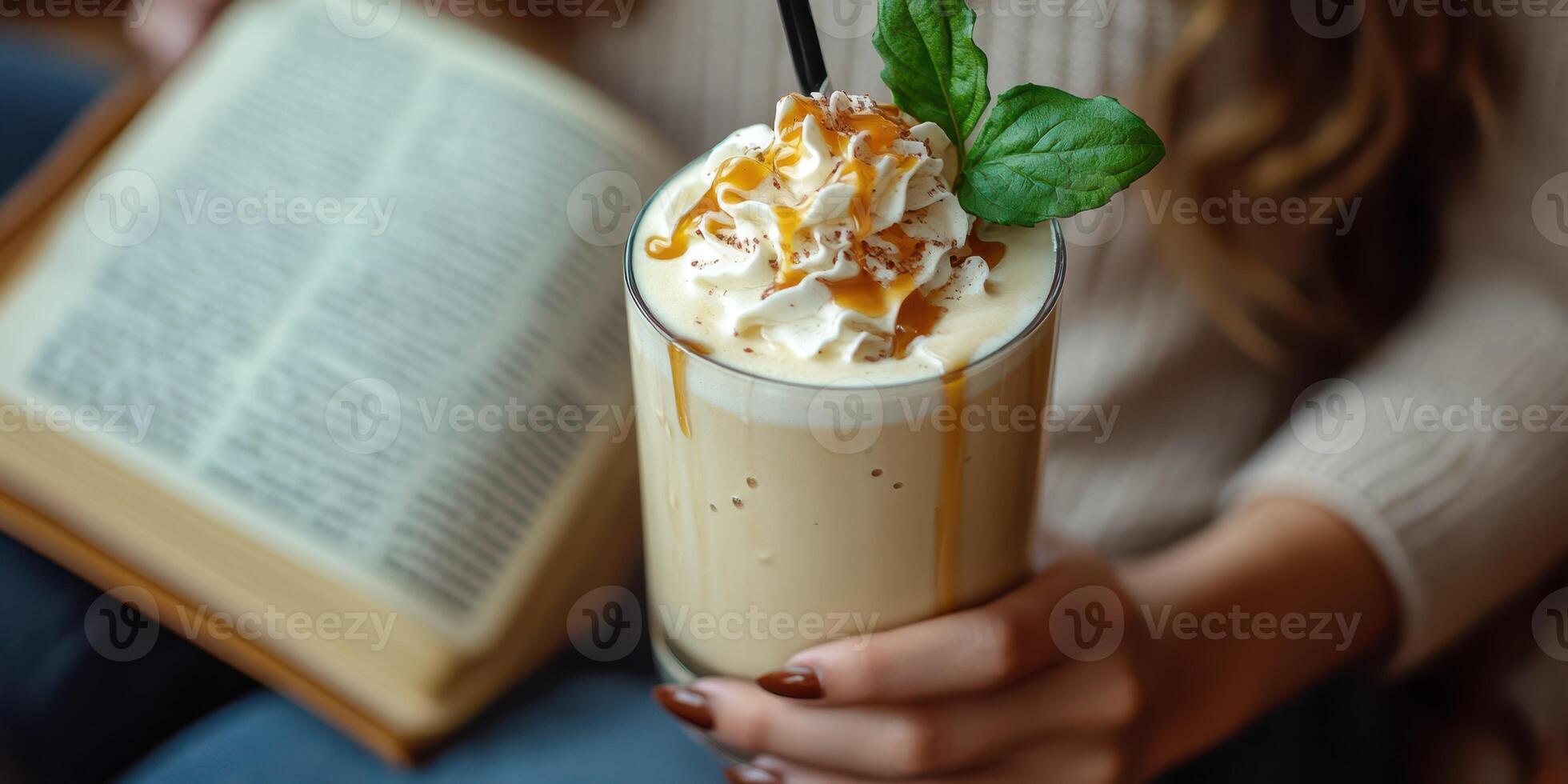 Enjoying a creamy caramel drink while reading a book during a cozy afternoon at home photo
