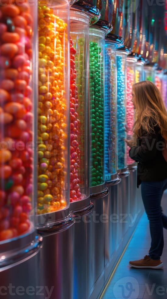 Colorful candy display attracts a girl with long hair in a vibrant candy store filled with jars photo