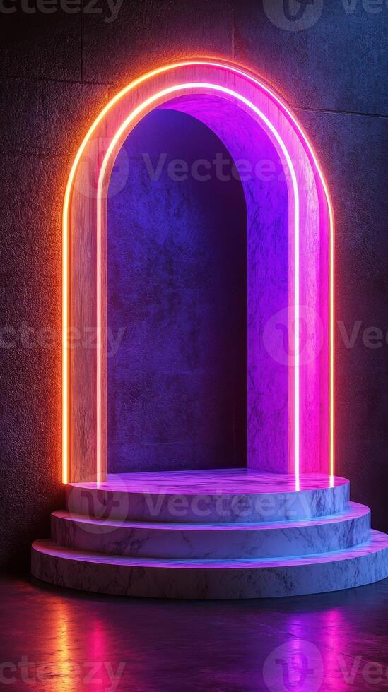 Vibrant neon archway with glowing lights in a dark urban setting at night photo