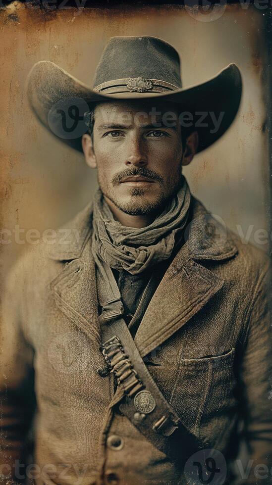Handsome cowboy dressed in traditional attire poses confidently in rustic outdoor setting during golden hour photo