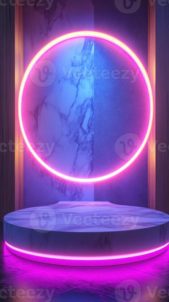 Modern stage design featuring a glowing circular neon light in a stylish atmosphere photo