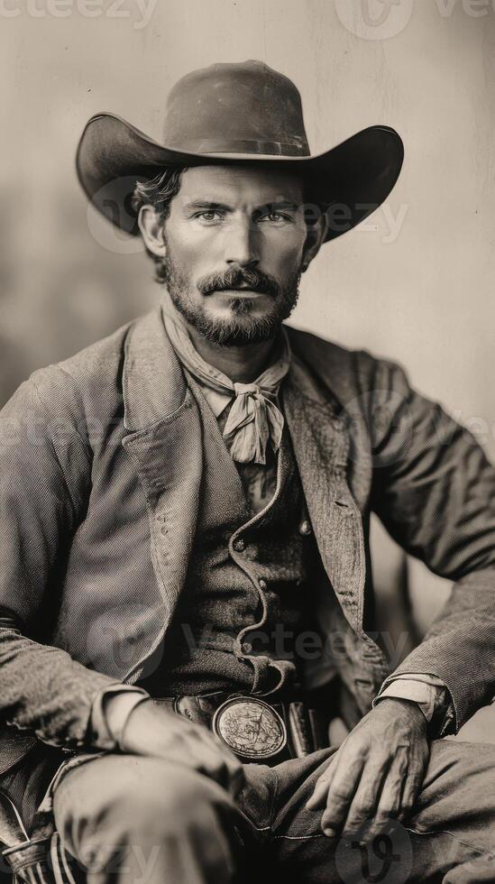 Cowboy portrait in black and white showcasing rugged features and vintage attire photo