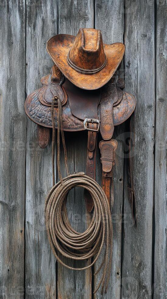 Rustic saddle and cowboy hat hanging on weathered wooden wall in a barn setting at dusk photo