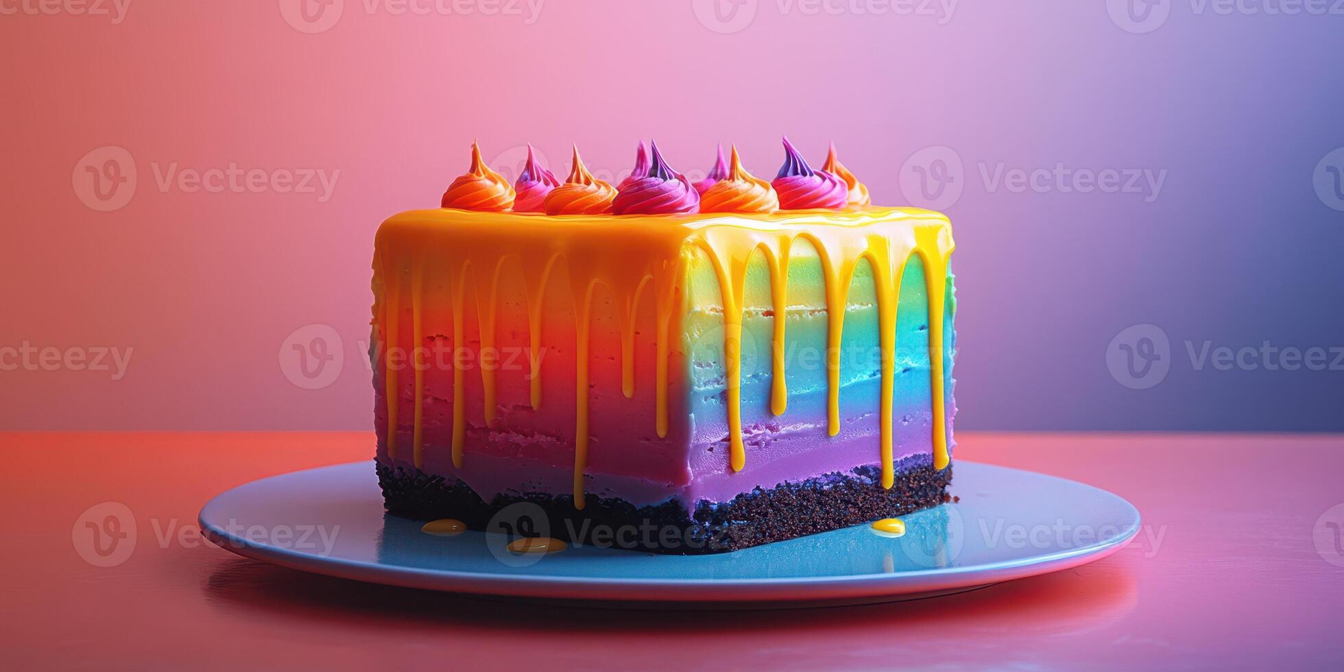 Colorful layered cake with vibrant icing and decorative swirls displayed on a pastel plate photo