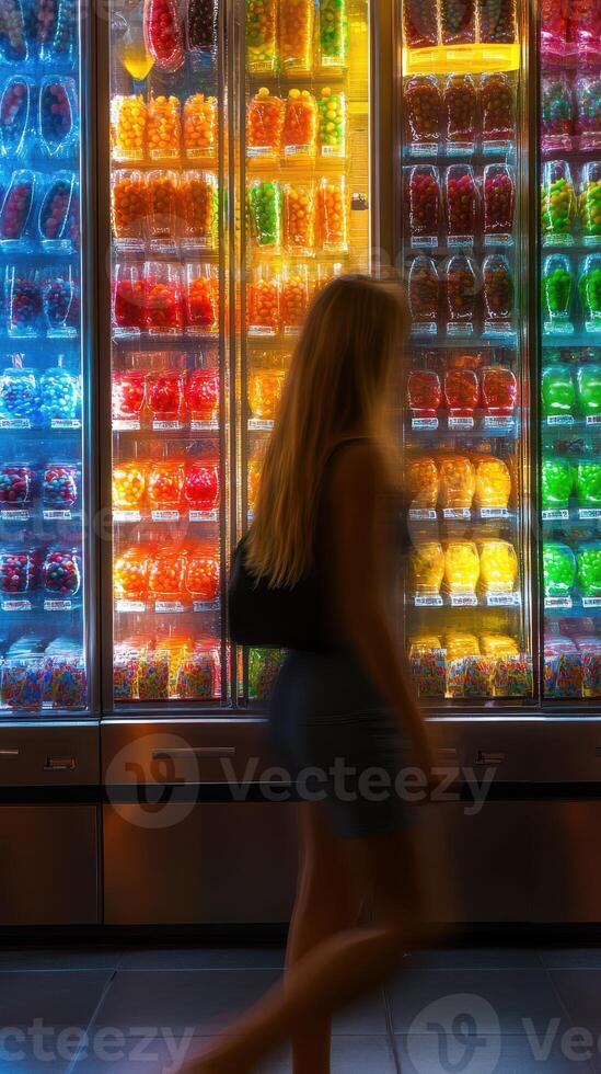 Colorful candy display shines in a vibrant store as a woman walks past perhaps in the evening photo