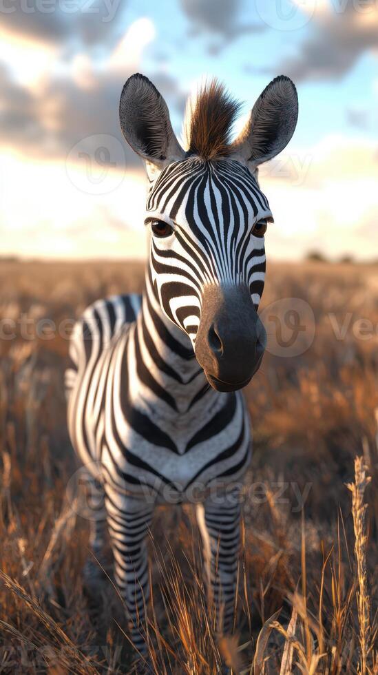 Zebra standing in golden grass during sunset under a dramatic sky in a natural habitat setting photo