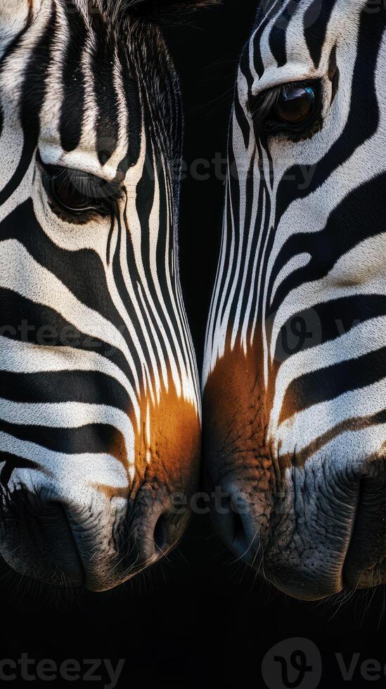 Close encounter of two zebras sharing a moment in the wild during sunset in a natural setting photo