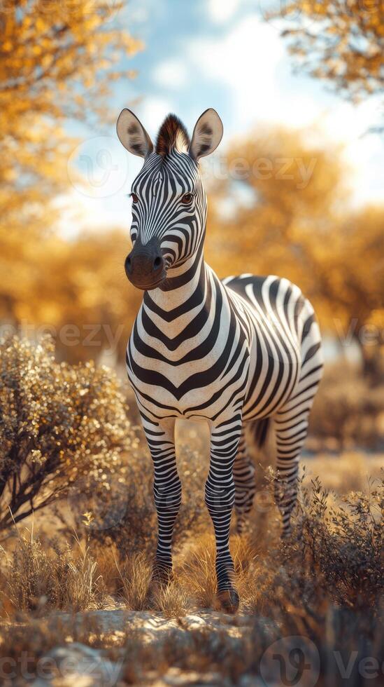 Zebra standing among golden autumn trees in a serene natural landscape photo
