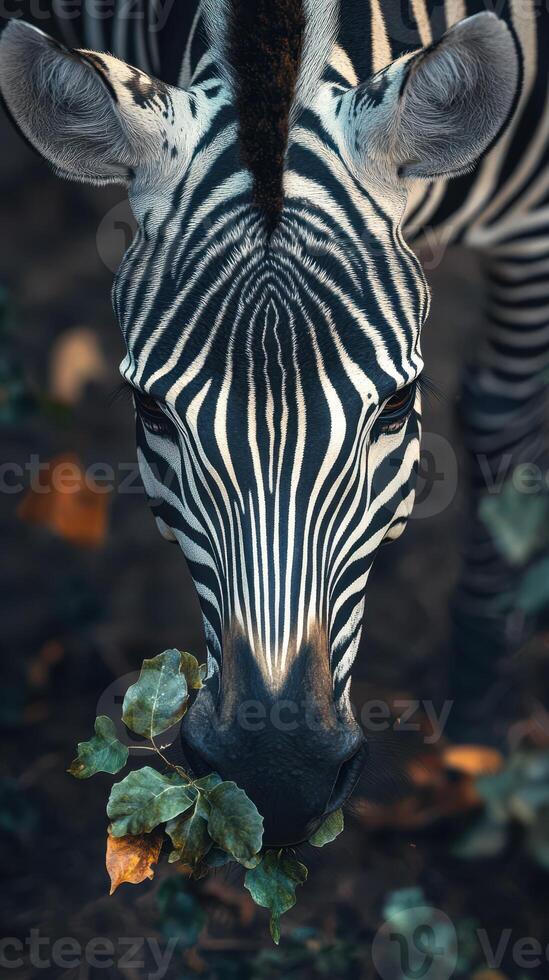 Beautiful zebra munching on green leaves during the early hours in a serene environment photo