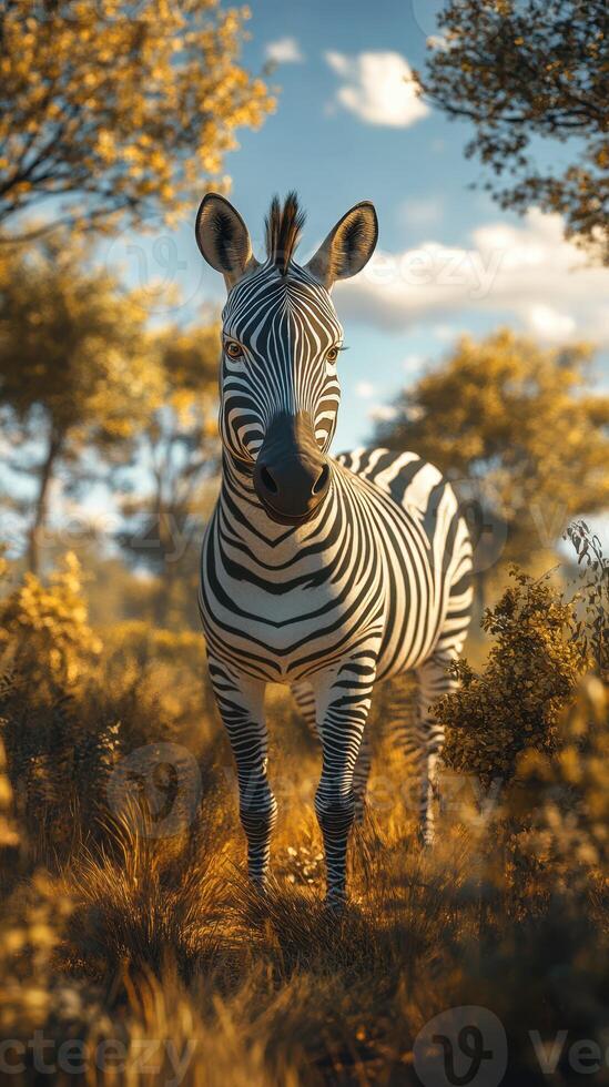 Zebra in a golden landscape under a blue sky during sunset in a serene natural setting photo