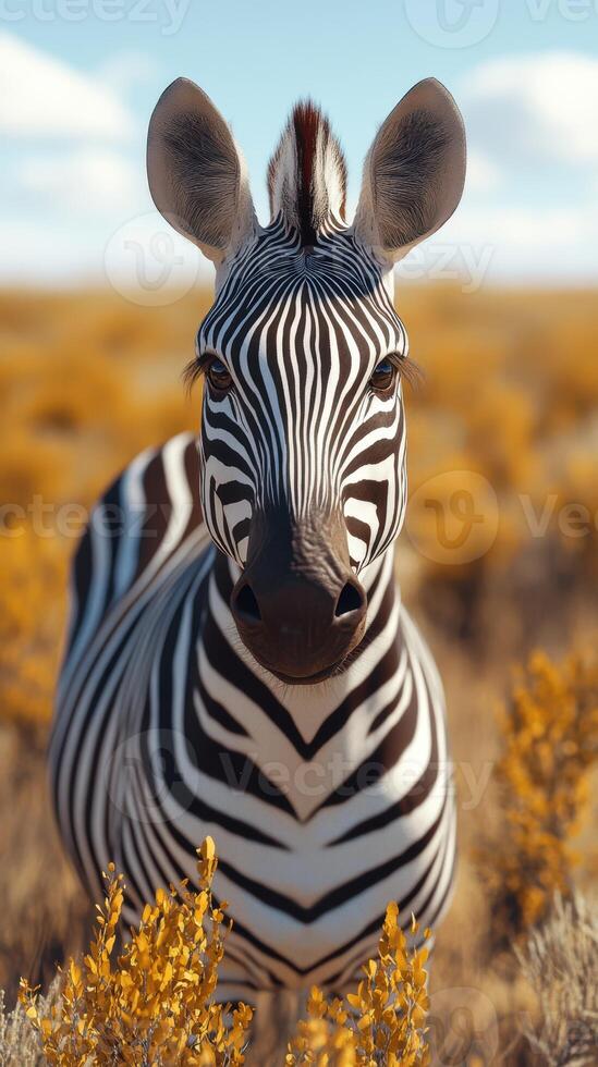 Zebra standing in a golden grassland under a bright blue sky during daytime photo