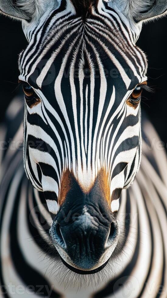 Striking close-up of a zebra displaying bold black and white stripes in natural habitat photo