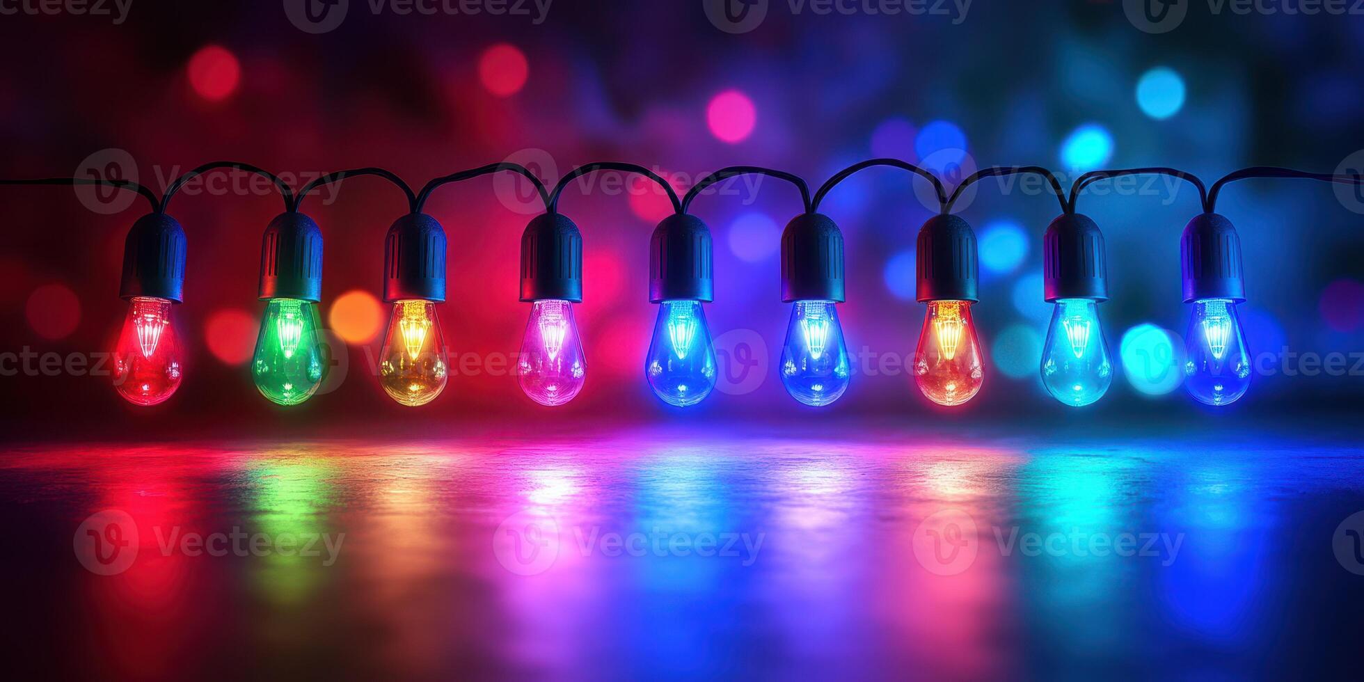 Colorful string lights illuminate a festive atmosphere at night, creating a vibrant and enchanting display in the background photo