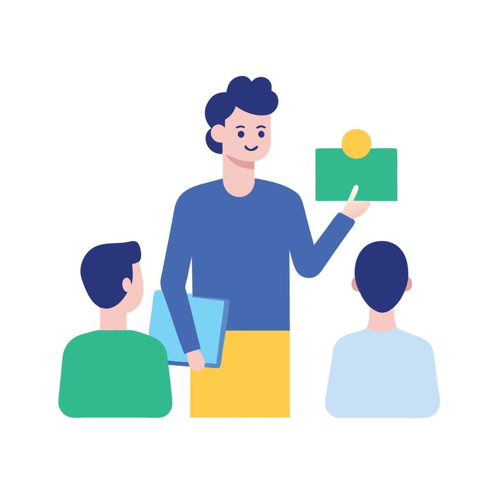 Experienced team leader clearly explains detailed project plan to colleague vector