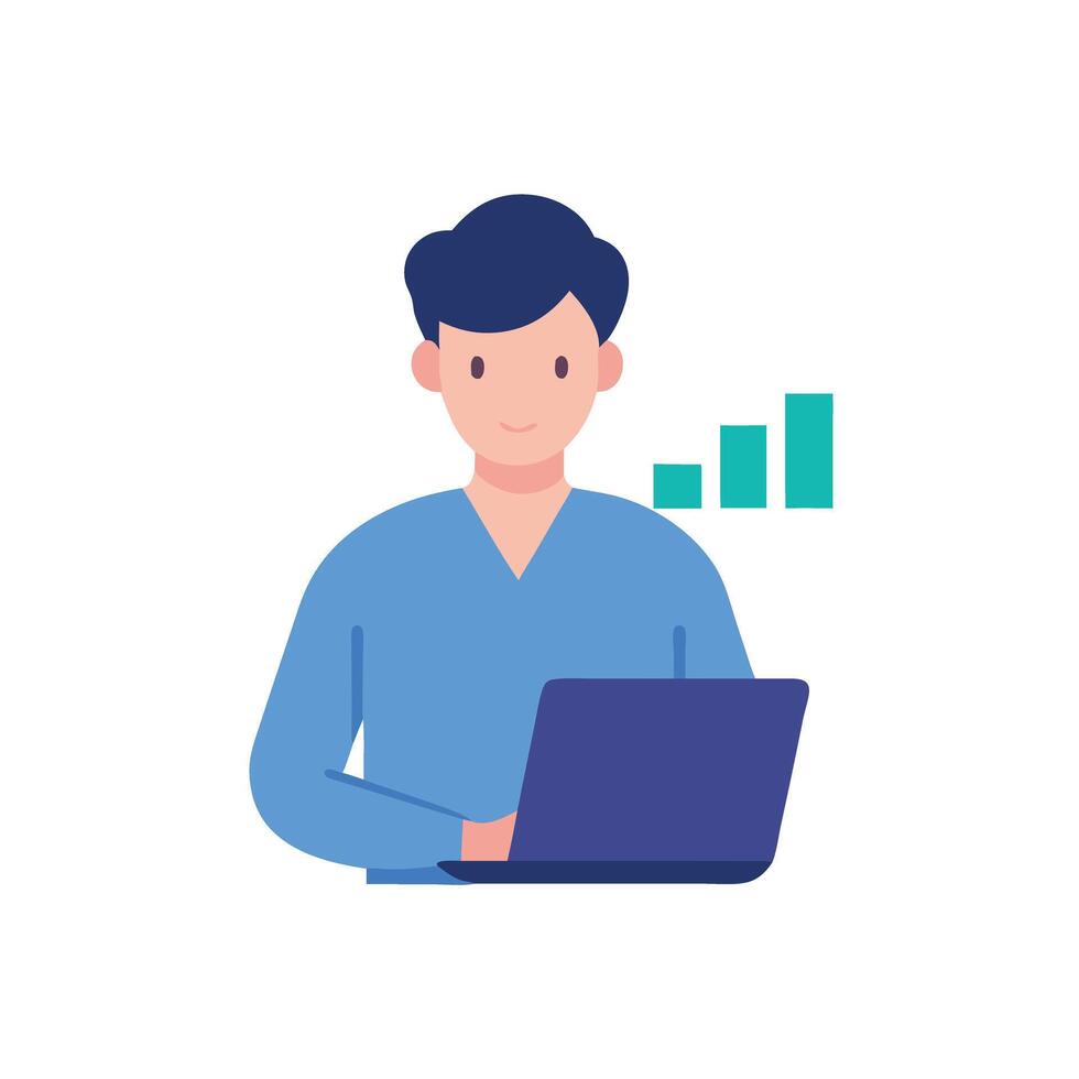 Office worker actively researches latest market trends using laptop computer vector