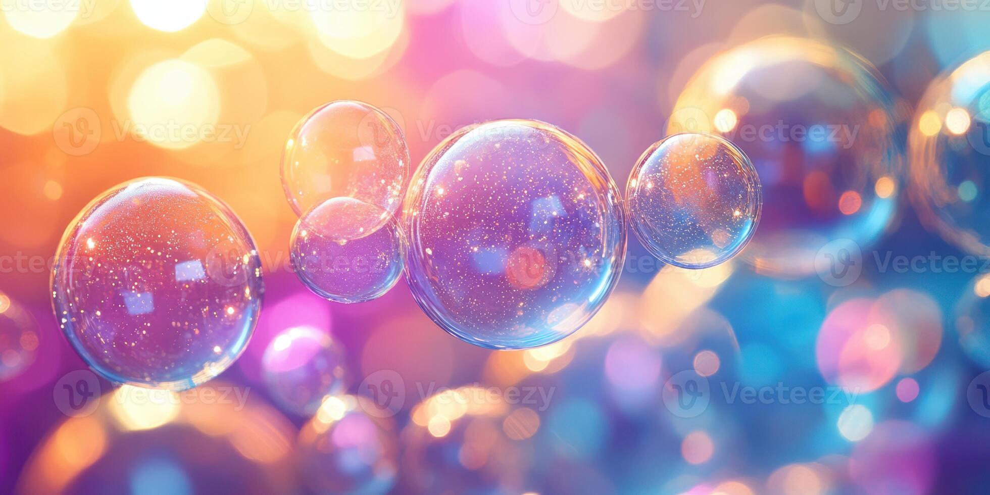 Colorful soap bubbles float against a dreamy blurred background of soft hues in a tranquil setting photo