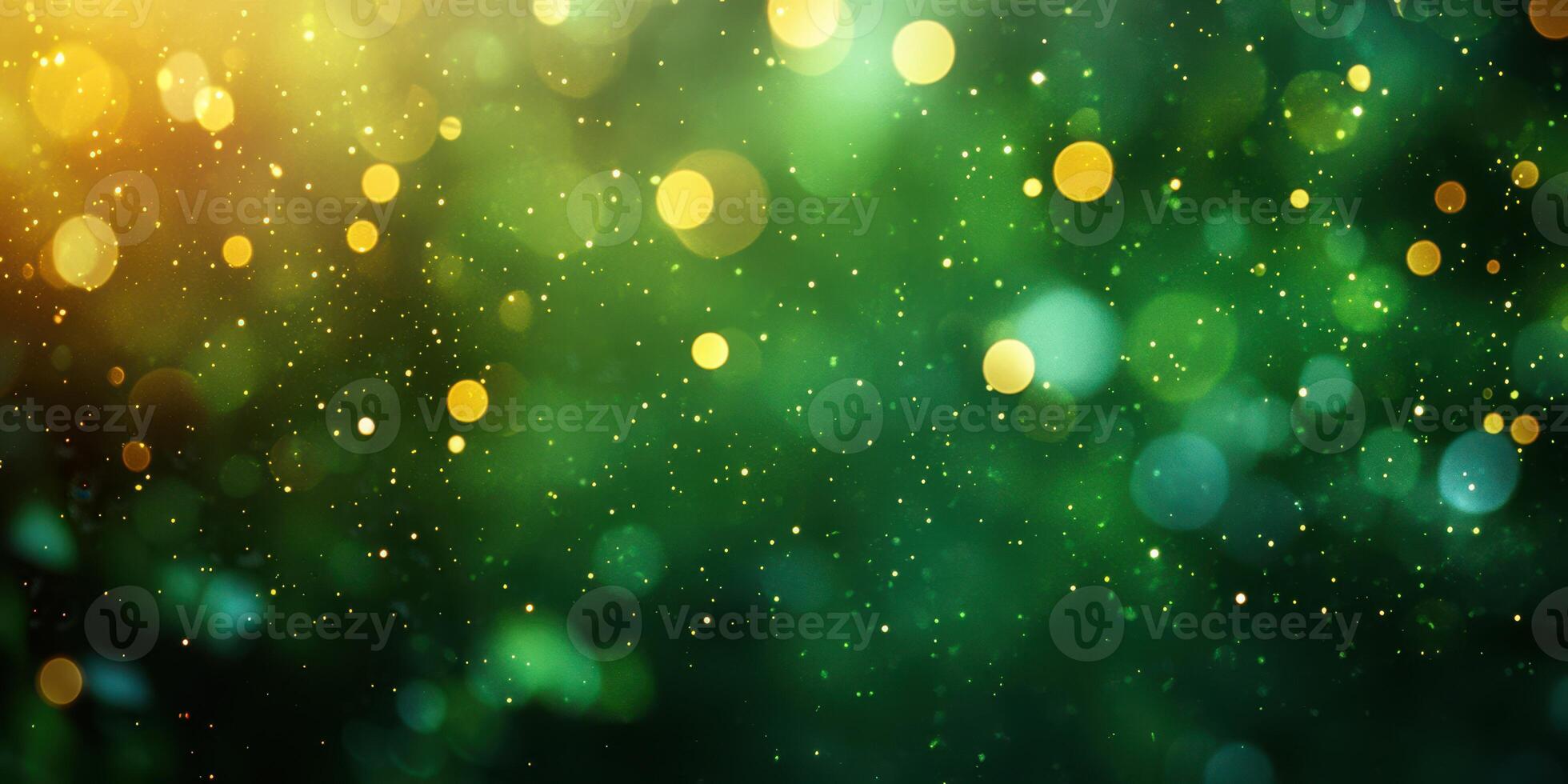 Bright, shimmering bokeh circles create a vibrant green and gold backdrop suitable for celebrations or decor photo