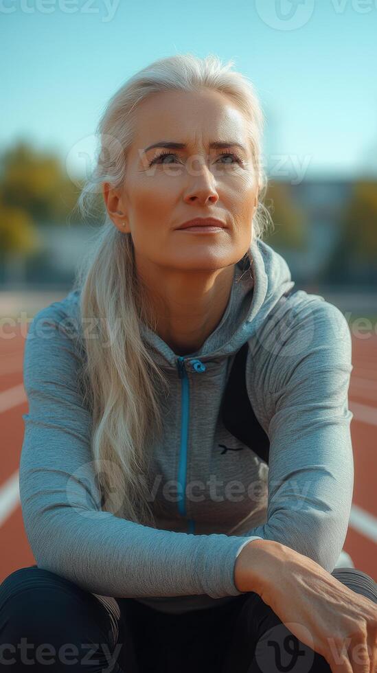 Determined athlete reflecting on goals during training at a running track in the morning light photo