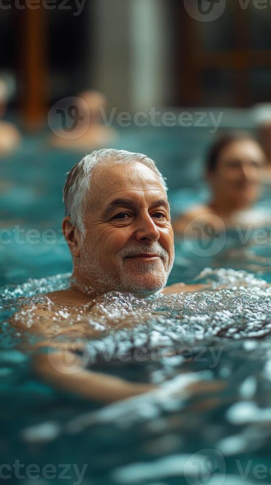 Senior man enjoying a relaxing swim in a serene indoor pool surrounded by other swimmers during daylight hours photo
