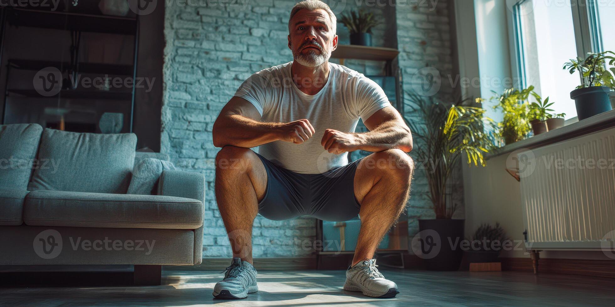 Middle-aged man performs squats indoors during fitness routine in a modern home photo