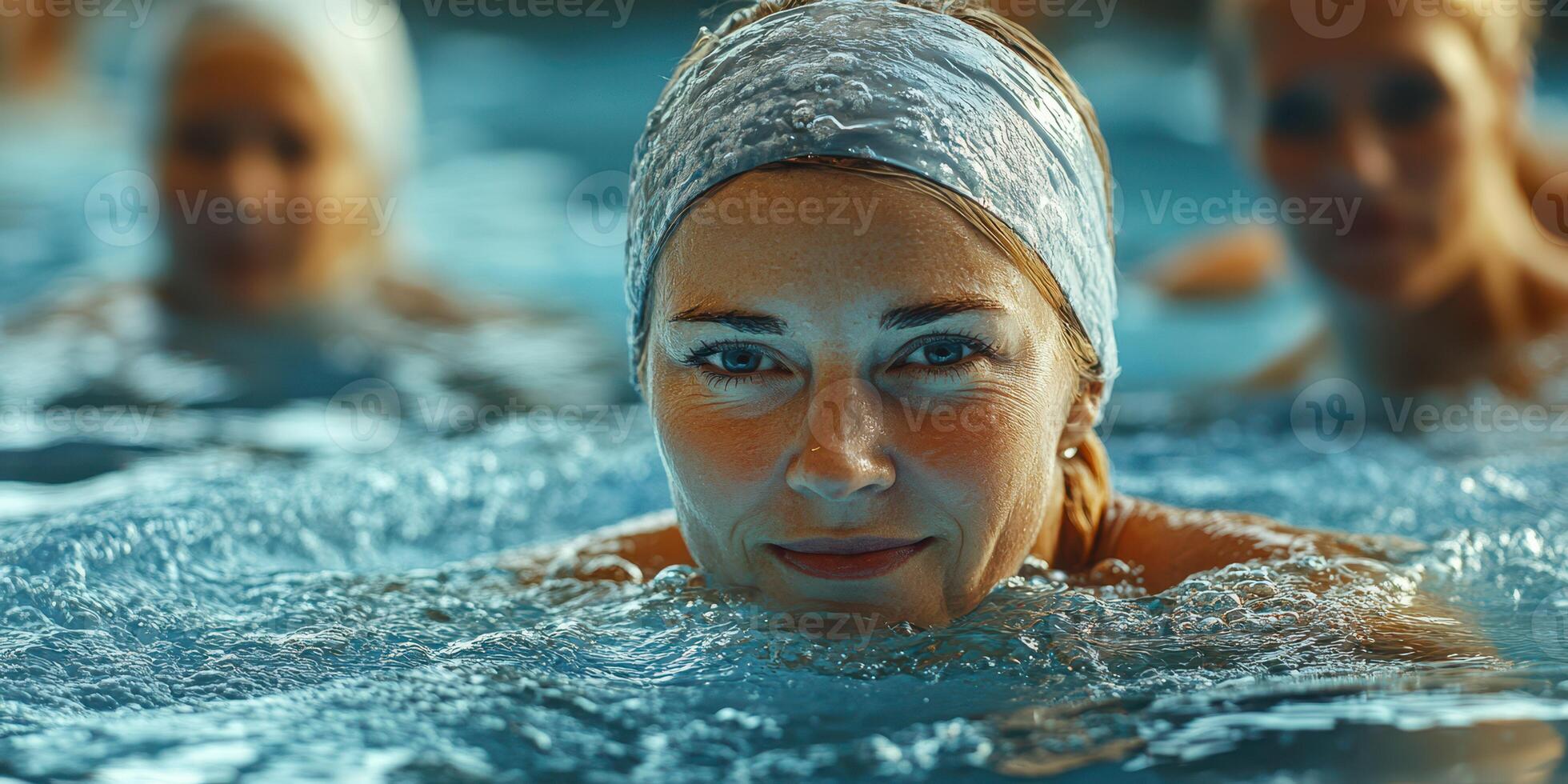 Swimmer demonstrates focus and determination in the pool during a training session in the early evening photo