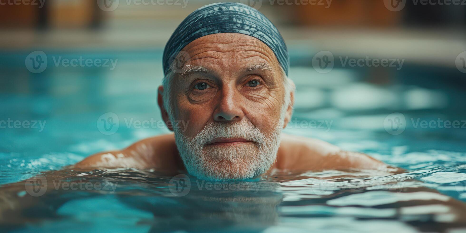 Elderly swimmer enjoying a lap in the pool during a sunny afternoon at a community center photo
