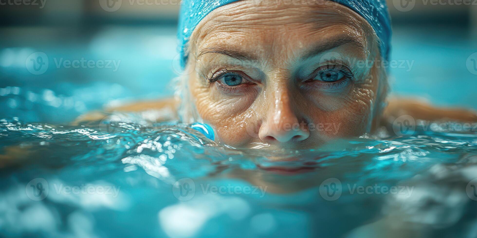 Close-up of a mature swimmer preparing to dive into a pool during a bright afternoon workout session photo