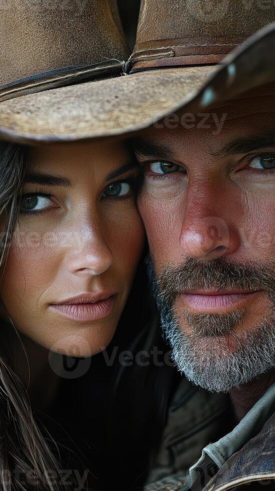 Couple sporting cowboy hats posing closely together in a rugged outdoor setting during golden hour photo