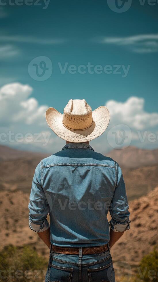 Cowboy stands on a mountain peak enjoying the vast landscape under a clear blue sky photo