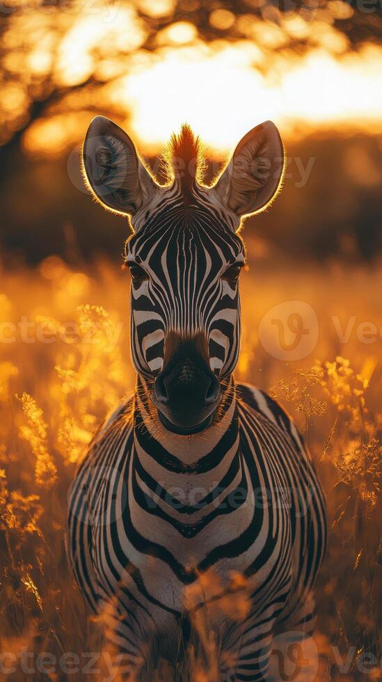 Zebra standing in tall grass during sunset with golden light illuminating its striking stripes photo