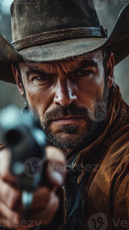 Skilled gunslinger aims his revolver with intense focus in a rugged outdoor setting during daylight photo