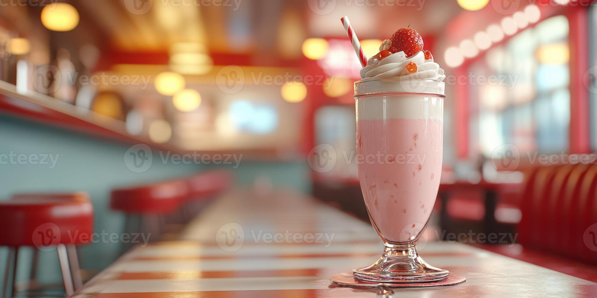 Creamy strawberry milkshake with whipped cream served in retro diner photo