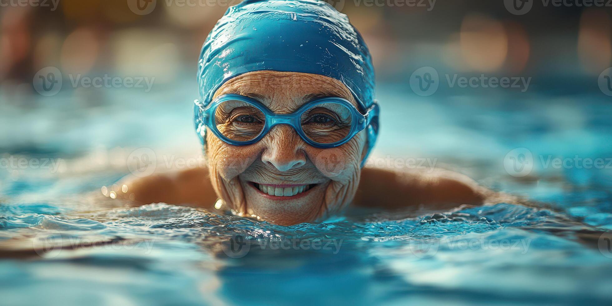Senior woman smiles while swimming in a pool during morning exercise session photo