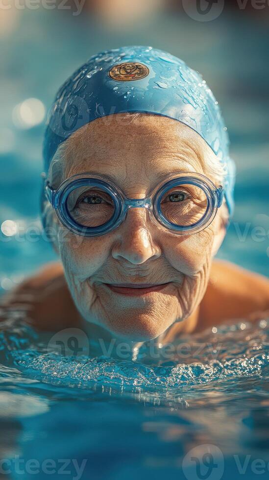 Happy elderly woman enjoys swimming in a pool, showcasing a joyful moment of fitness and health at an aquatic center photo