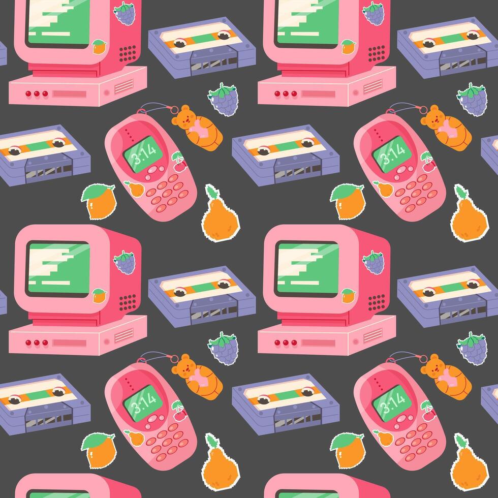 Vintage seamless pattern with music cassettes, computer, 90s lofi style phone vector