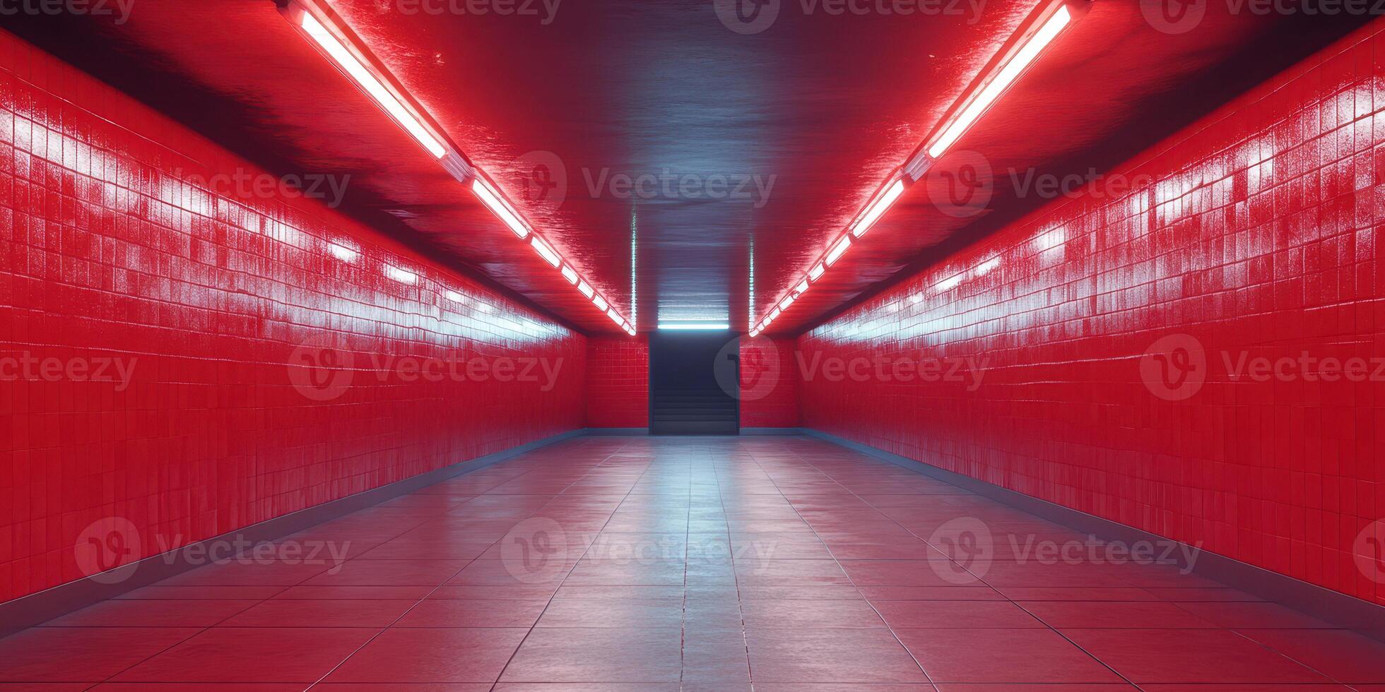 Vibrant red corridor with glowing lights creating a dramatic atmosphere in a modern urban setting photo