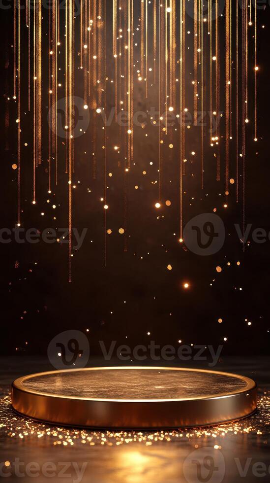 Sparkling golden backdrop with circular platform and shimmering lights for event celebrations and performances photo