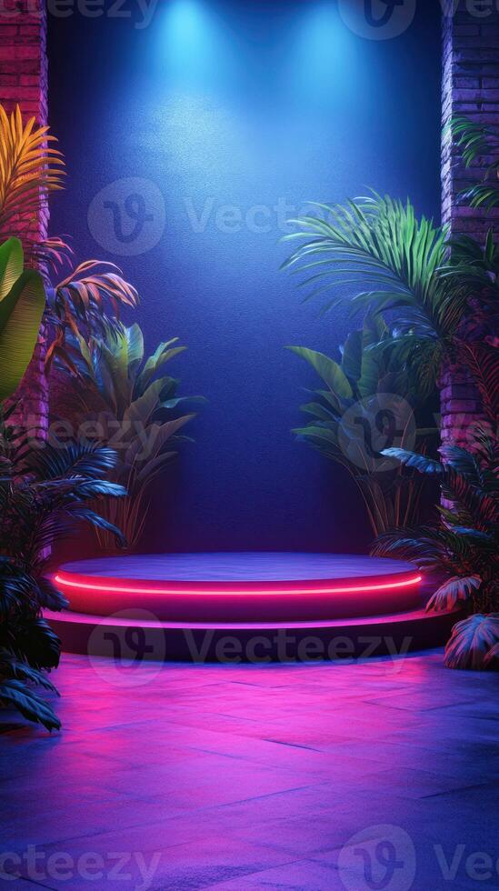Brightly lit stage with vibrant plants and neon colors at a nighttime event in a urban setting photo