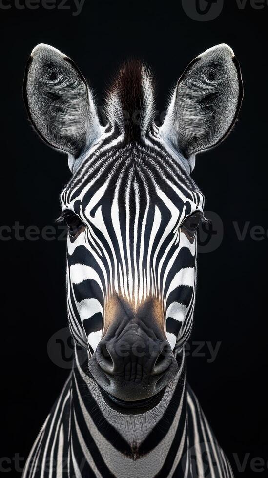 Striking close-up of a zebra with detailed stripes against a black background showcasing animal features and textures photo