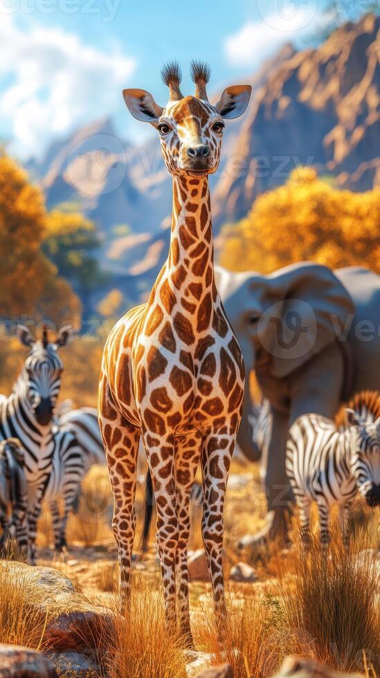 Giraffe stands gracefully amidst a herd of zebras and a distant elephant in a vibrant autumn landscape photo