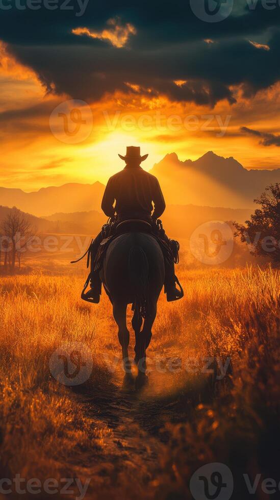 Cowboy rides into sunset on horseback, surrounded by golden fields and mountains in the background photo