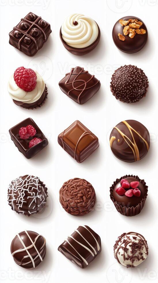 Delicious assortment of gourmet chocolates arranged in a grid pattern showcasing various flavors and toppings photo